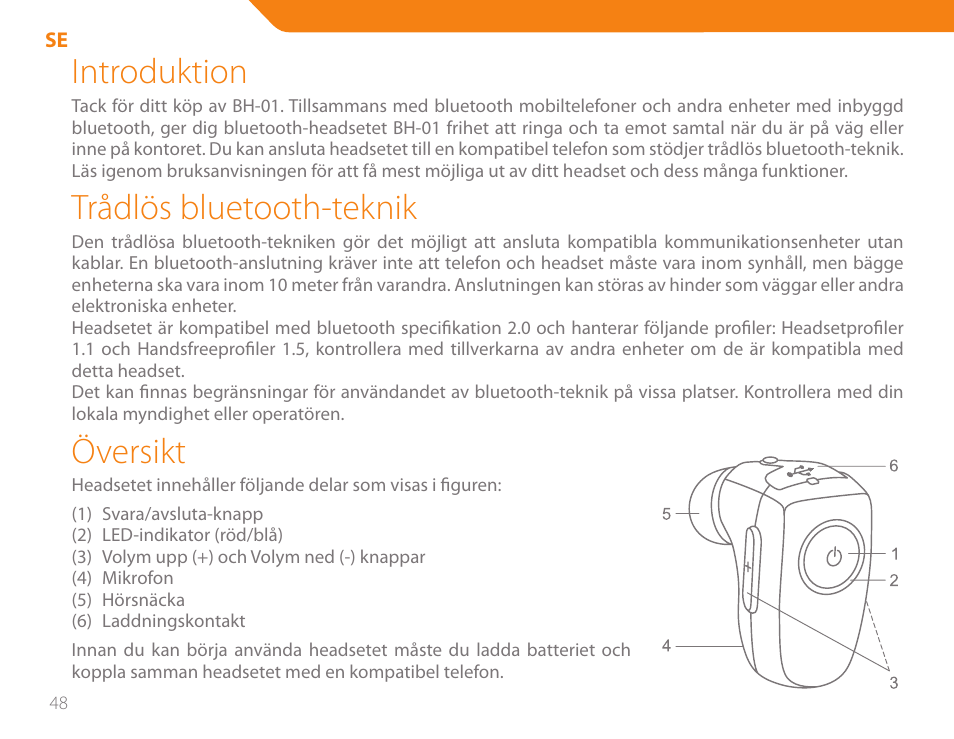 Introduktion, Trådlös bluetooth-teknik, Översikt | Acme BH-01 User Manual | Page 48 / 92