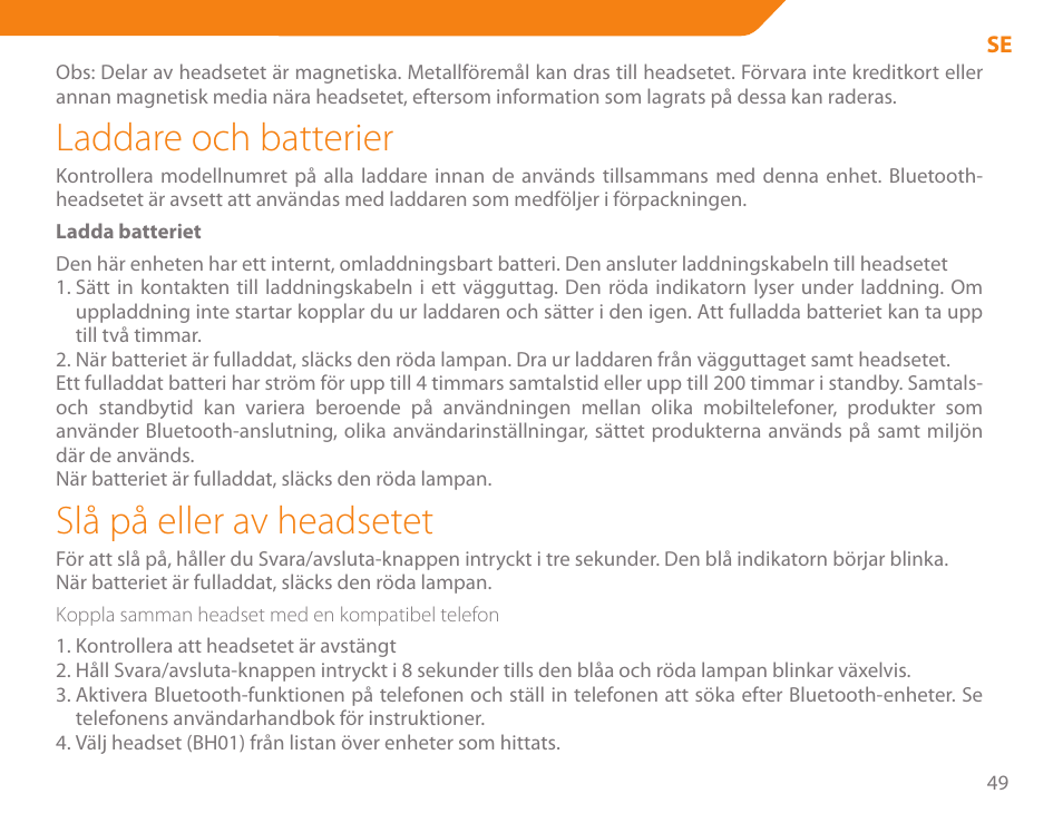 Laddare och batterier, Slå på eller av headsetet | Acme BH-01 User Manual | Page 49 / 92