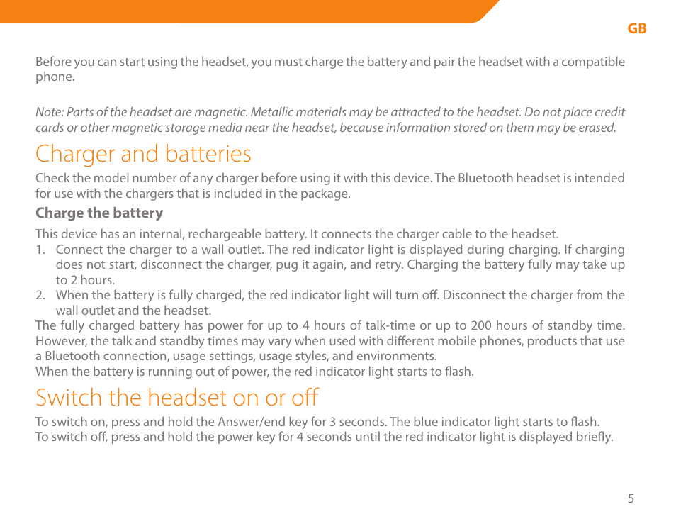 Charger and batteries, Switch the headset on or off | Acme BH-01 User Manual | Page 5 / 92
