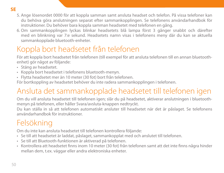 Koppla bort headsetet från telefonen, Felsökning | Acme BH-01 User Manual | Page 50 / 92
