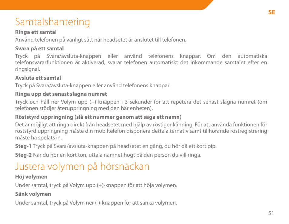 Samtalshantering, Justera volymen på hörsnäckan | Acme BH-01 User Manual | Page 51 / 92