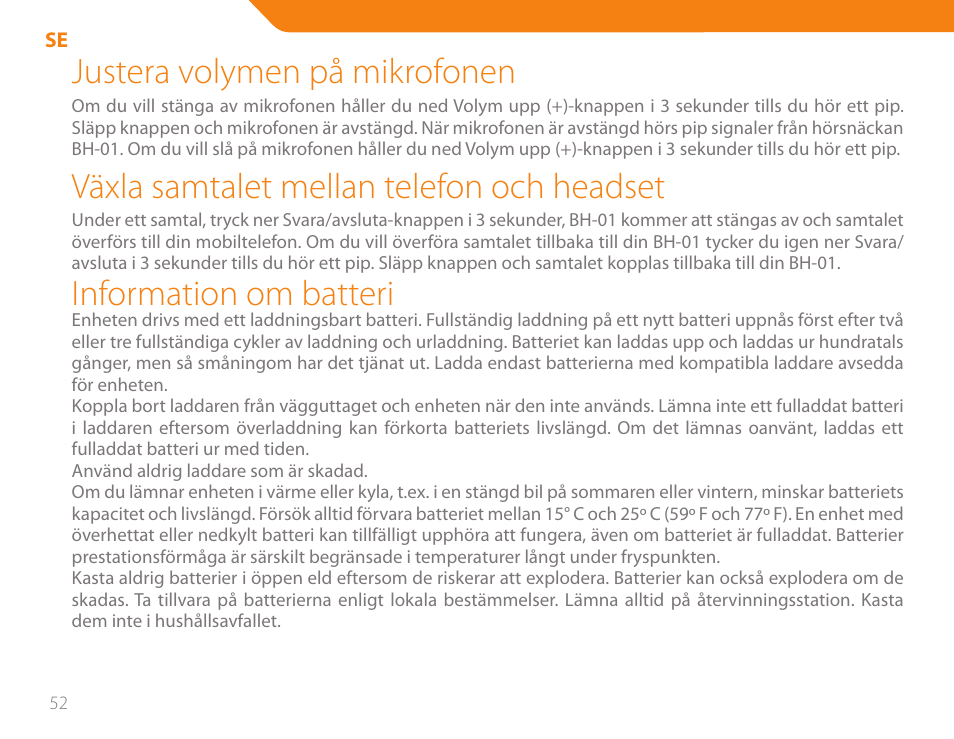 Justera volymen på mikrofonen, Växla samtalet mellan telefon och headset, Information om batteri | Acme BH-01 User Manual | Page 52 / 92