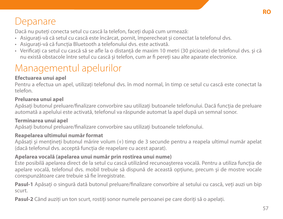 Depanare, Managementul apelurilor | Acme BH-01 User Manual | Page 57 / 92