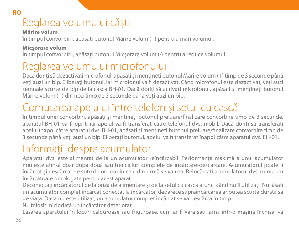 Reglarea volumului căştii, Reglarea volumului microfonului, Comutarea apelului între telefon şi setul cu cască | Informaţii despre acumulator | Acme BH-01 User Manual | Page 58 / 92