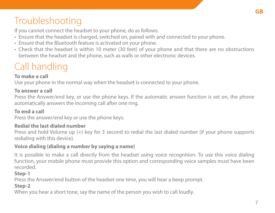 Troubleshooting, Call handling | Acme BH-01 User Manual | Page 7 / 92