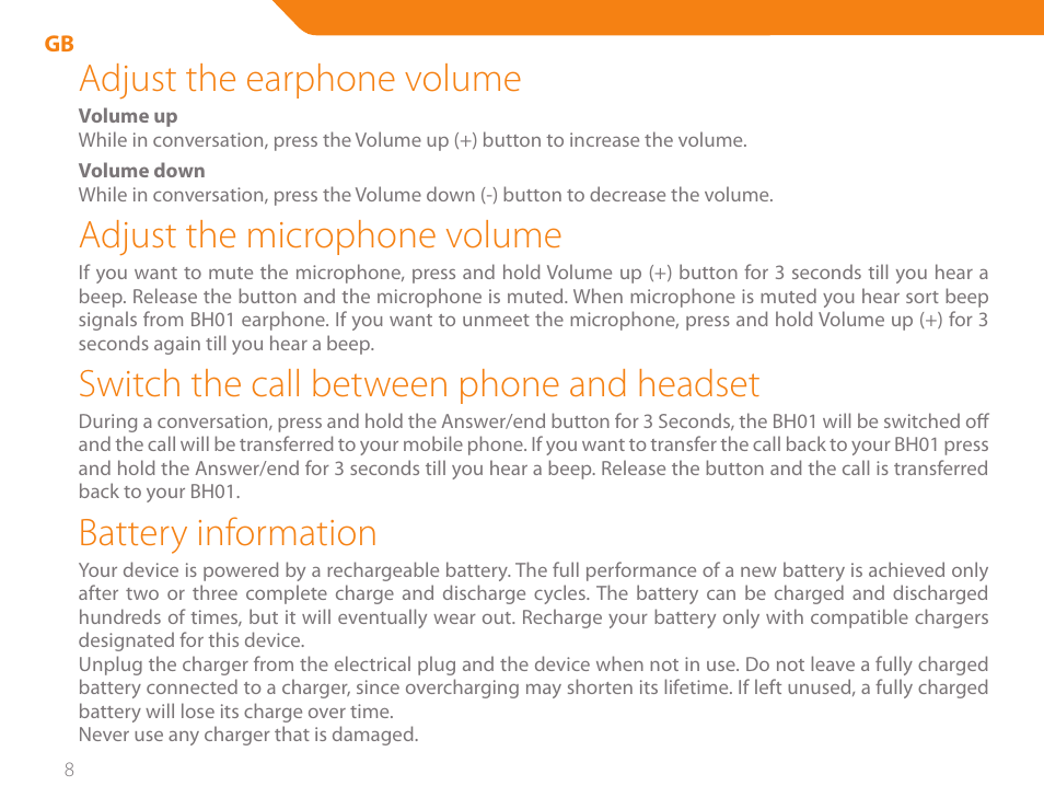 Adjust the earphone volume, Adjust the microphone volume, Switch the call between phone and headset | Battery information | Acme BH-01 User Manual | Page 8 / 92