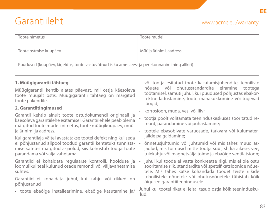 Garantiileht | Acme BH-01 User Manual | Page 83 / 92