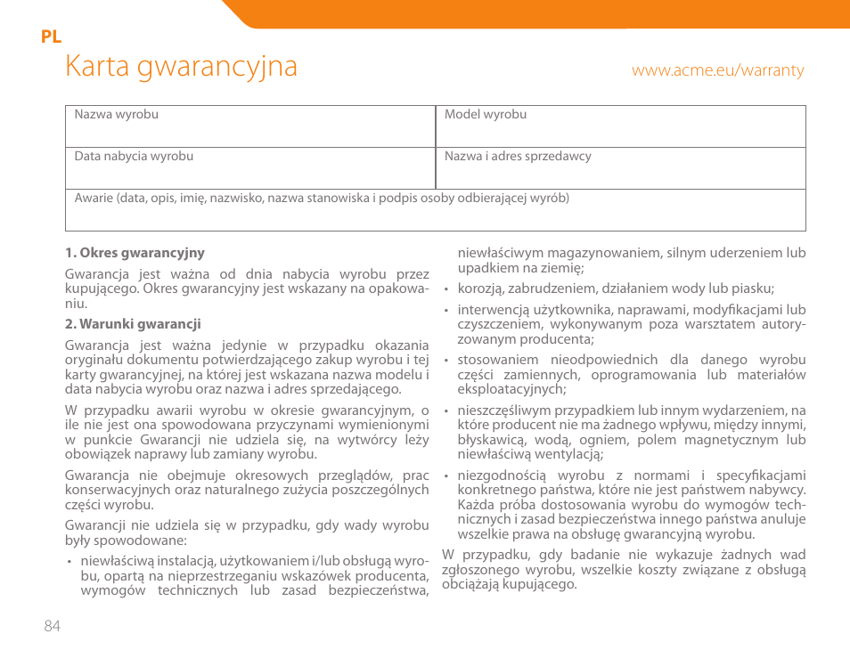 Karta gwarancyjna | Acme BH-01 User Manual | Page 84 / 92