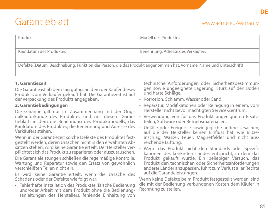 Garantieblatt | Acme BH-01 User Manual | Page 85 / 92