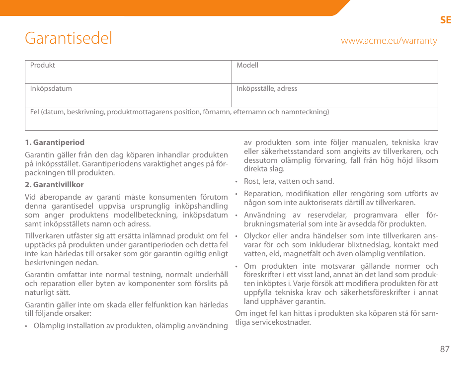 Garantisedel | Acme BH-01 User Manual | Page 87 / 92