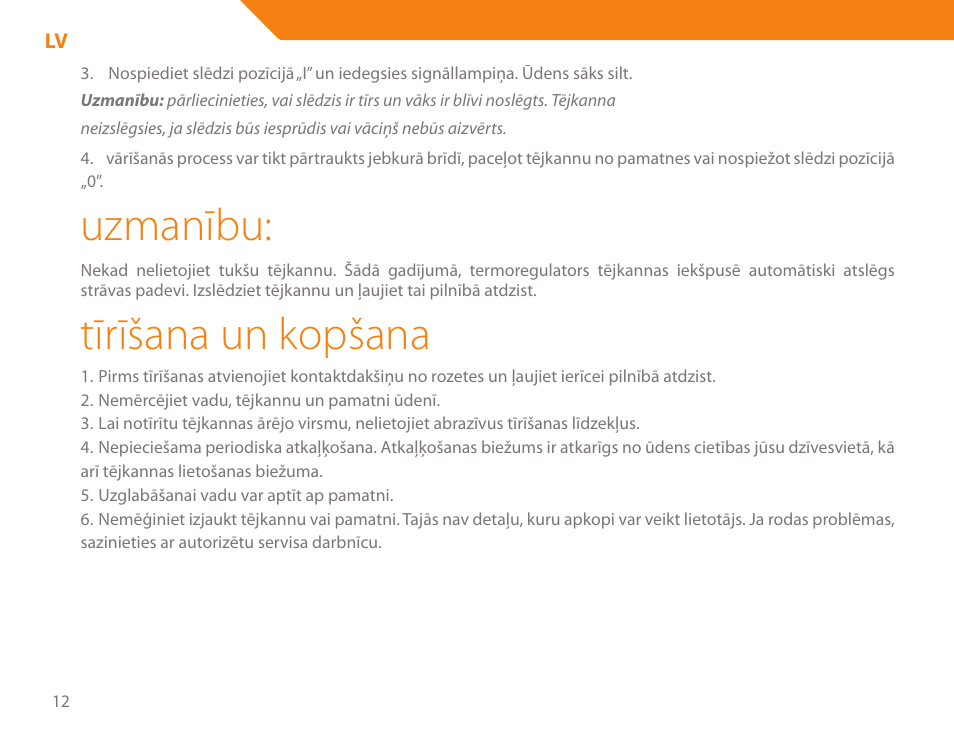 Uzmanību, Tīrīšana un kopšana | Acme KE300 User Manual | Page 12 / 56