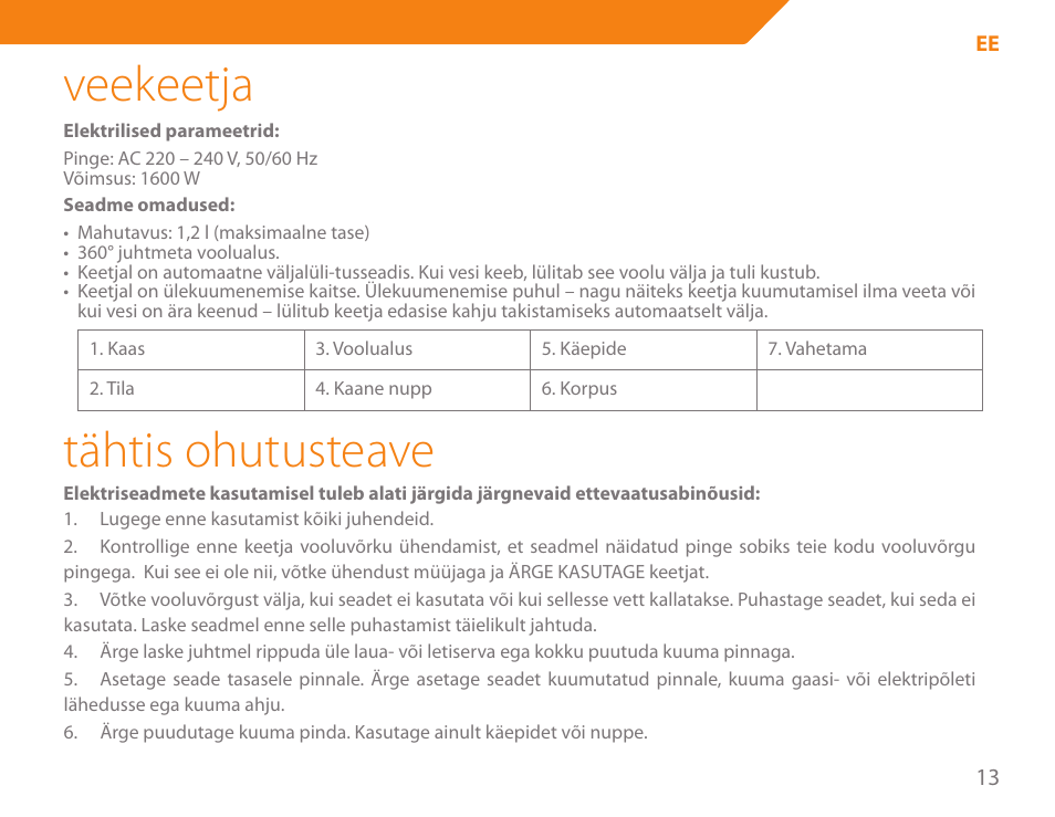 Veekeetja, Tähtis ohutusteave | Acme KE300 User Manual | Page 13 / 56