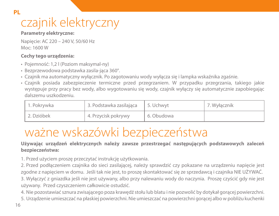 Czajnik elektryczny, Ważne wskazówki bezpieczeństwa | Acme KE300 User Manual | Page 16 / 56