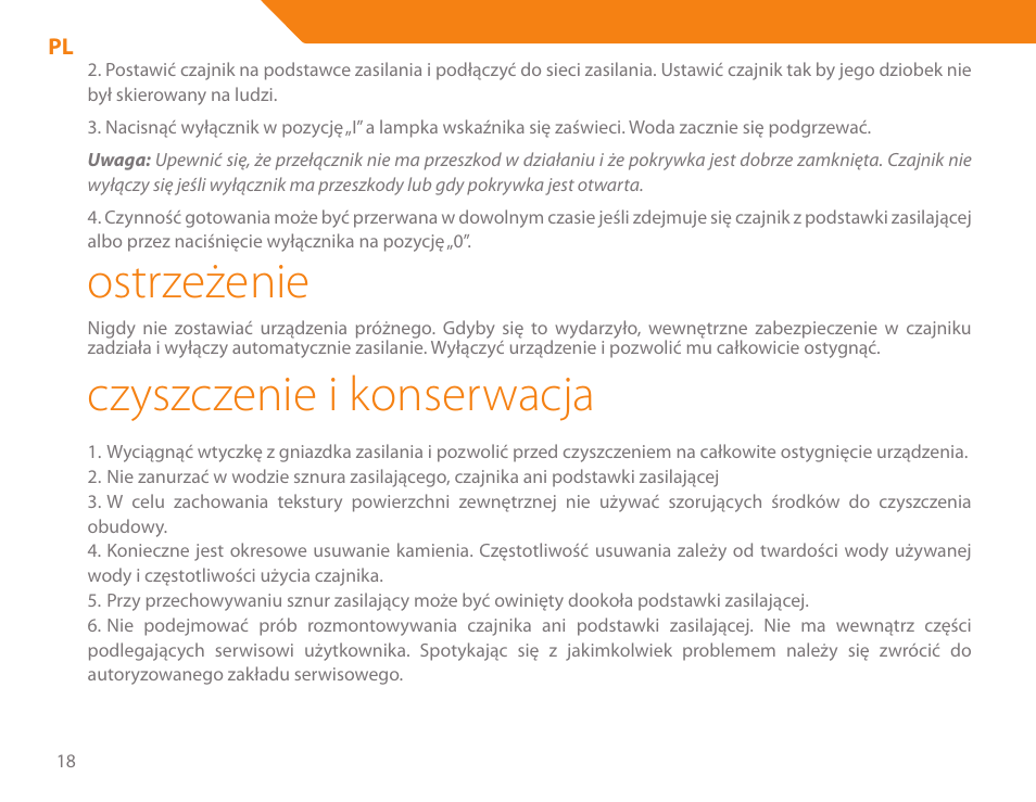 Ostrzeżenie, Czyszczenie i konserwacja | Acme KE300 User Manual | Page 18 / 56