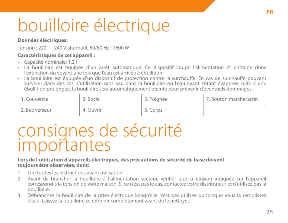 Bouilloire électrique, Consignes de sécurité importantes | Acme KE300 User Manual | Page 25 / 56