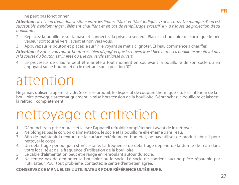 Attention, Nettoyage et entretien | Acme KE300 User Manual | Page 27 / 56