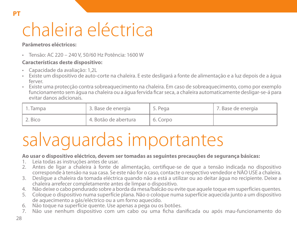 Chaleira eléctrica, Salvaguardas importantes | Acme KE300 User Manual | Page 28 / 56