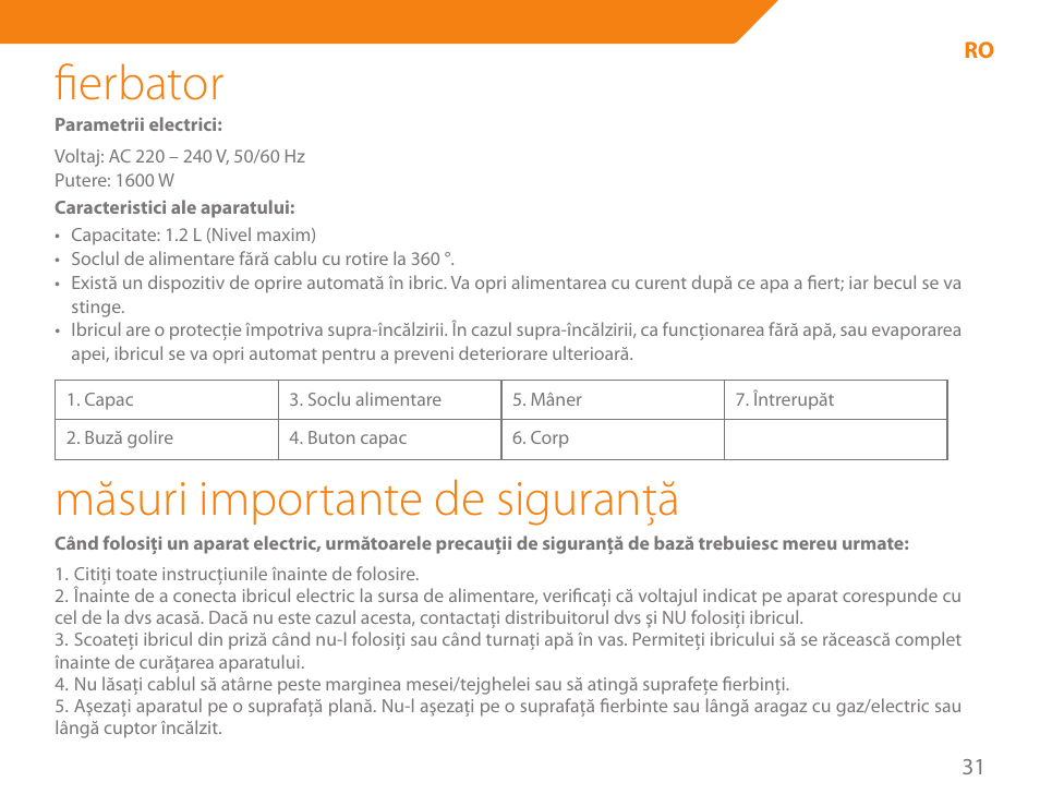 Fierbator, Măsuri importante de siguranţă | Acme KE300 User Manual | Page 31 / 56
