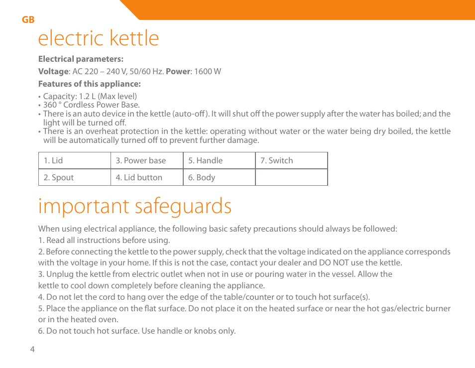 Electric kettle, Important safeguards | Acme KE300 User Manual | Page 4 / 56