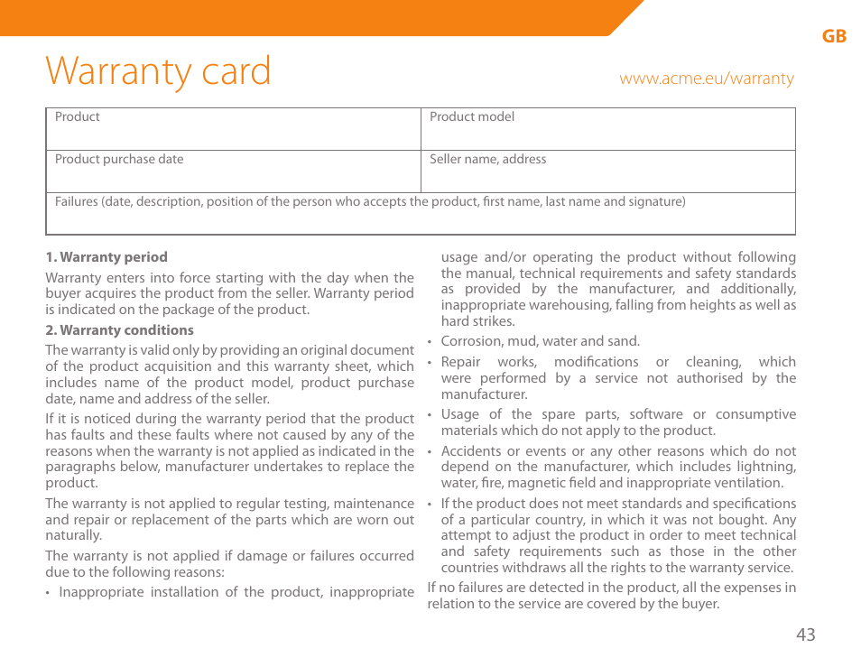 Warranty card, 43 gb | Acme KE300 User Manual | Page 43 / 56