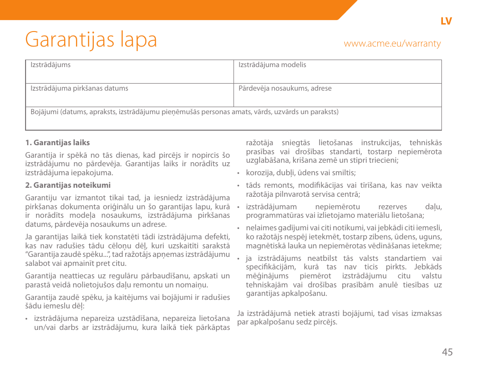 Garantijas lapa, 45 lv | Acme KE300 User Manual | Page 45 / 56