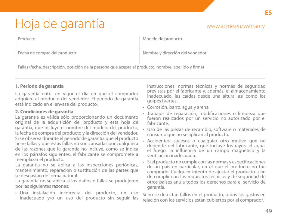 Hoja de garantía, 49 es | Acme KE300 User Manual | Page 49 / 56