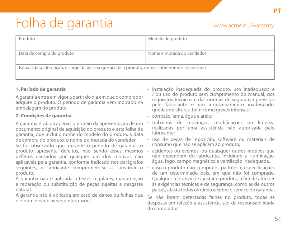 Folha de garantia, 51 pt | Acme KE300 User Manual | Page 51 / 56