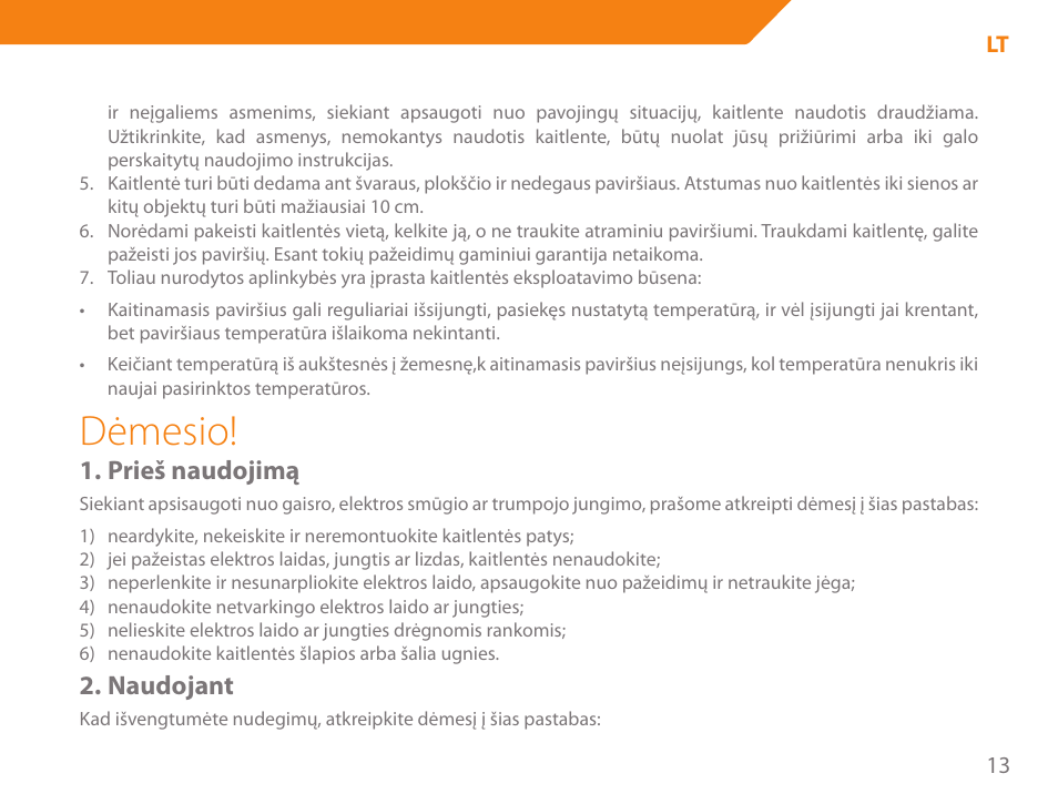 Dėmesio, Prieš naudojimą, Naudojant | Acme GH200 User Manual | Page 13 / 48