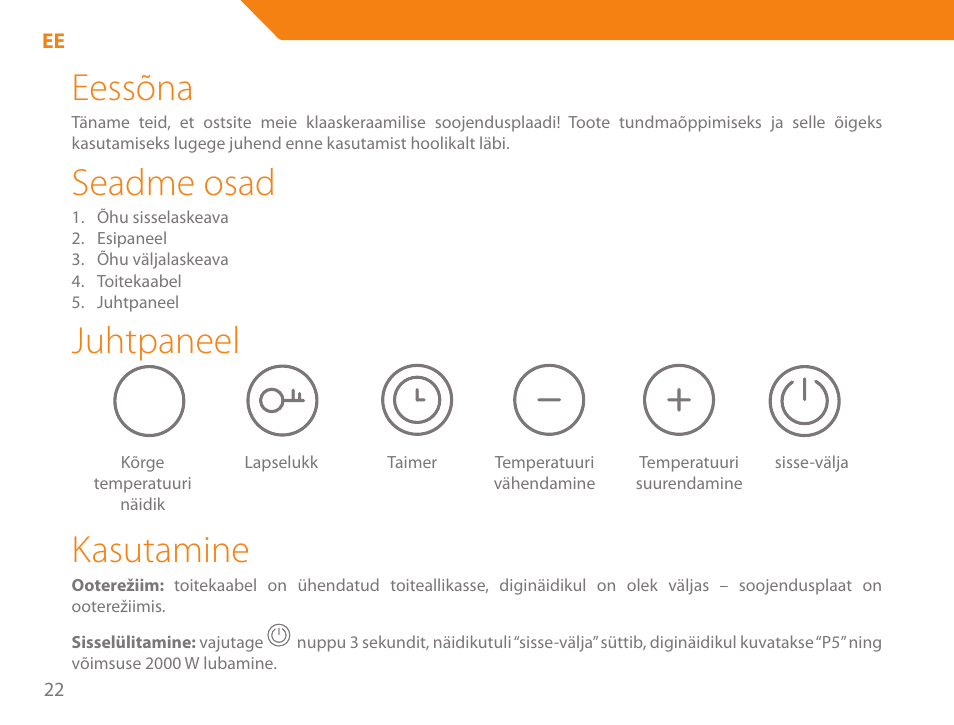 Eessõna, Seadme osad, Juhtpaneel | Kasutamine | Acme GH200 User Manual | Page 22 / 48