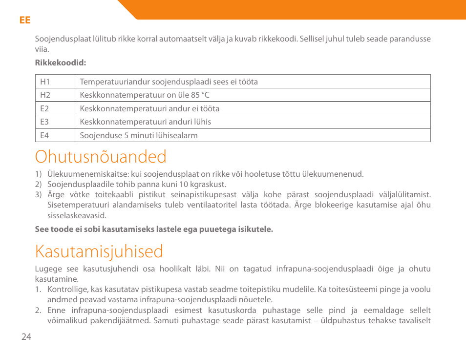Ohutusnõuanded, Kasutamisjuhised | Acme GH200 User Manual | Page 24 / 48