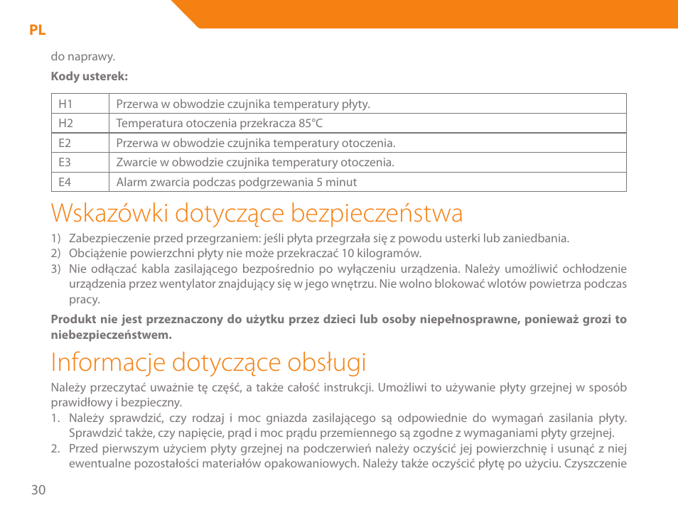 Wskazówki dotyczące bezpieczeństwa, Informacje dotyczące obsługi | Acme GH200 User Manual | Page 30 / 48