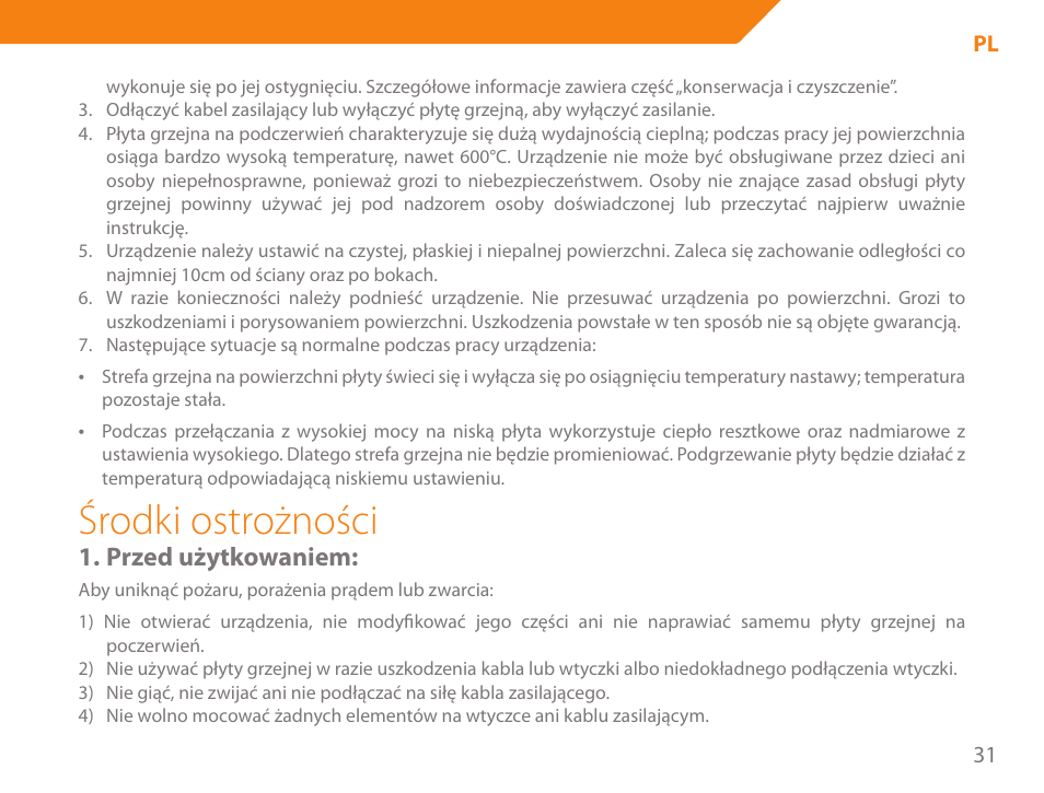 Środki ostrożności, Przed użytkowaniem | Acme GH200 User Manual | Page 31 / 48