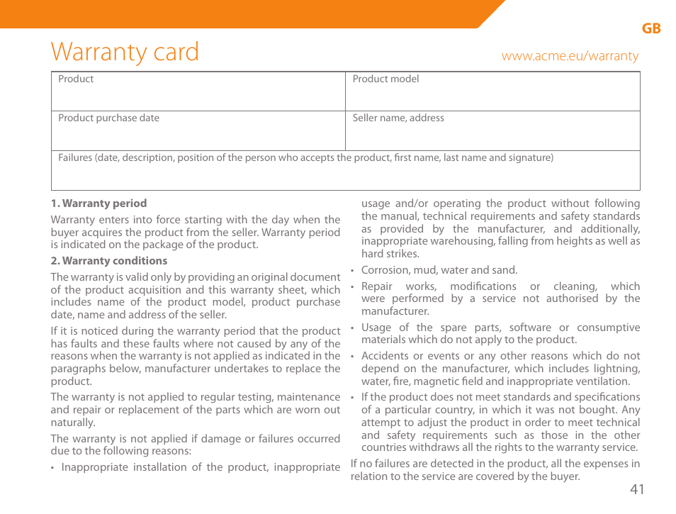 Warranty card | Acme GH200 User Manual | Page 41 / 48