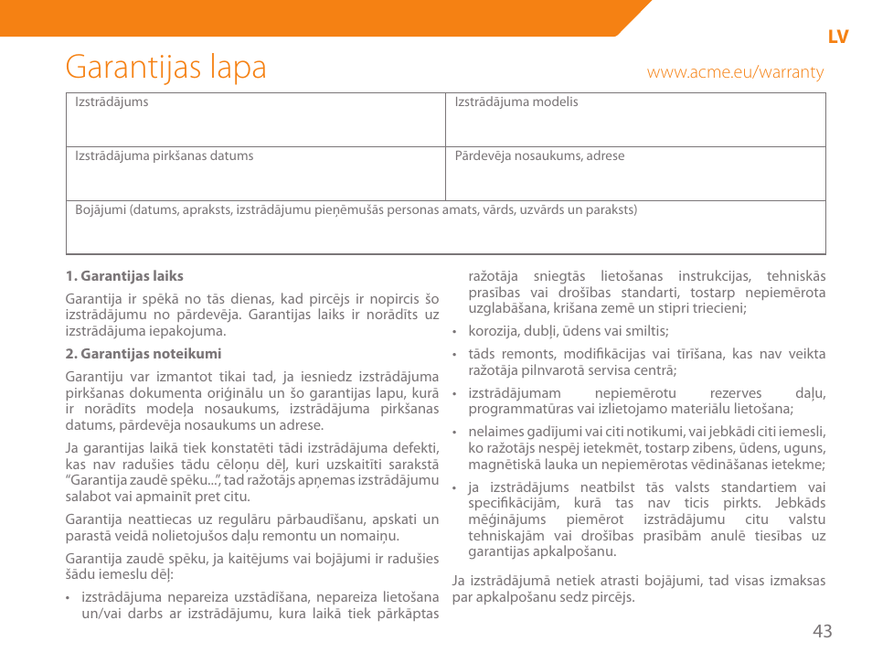 Garantijas lapa, 43 lv | Acme GH200 User Manual | Page 43 / 48