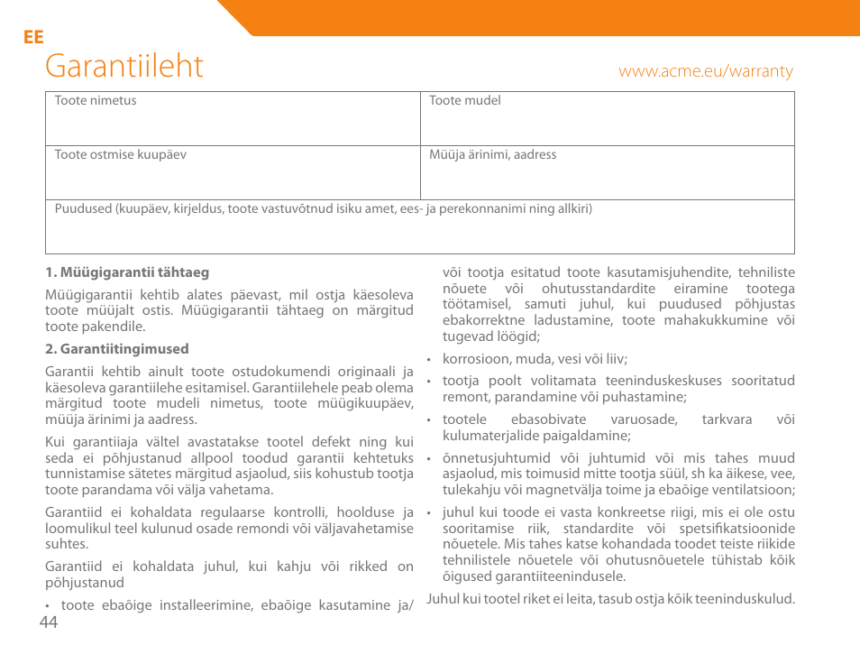 Garantiileht | Acme GH200 User Manual | Page 44 / 48
