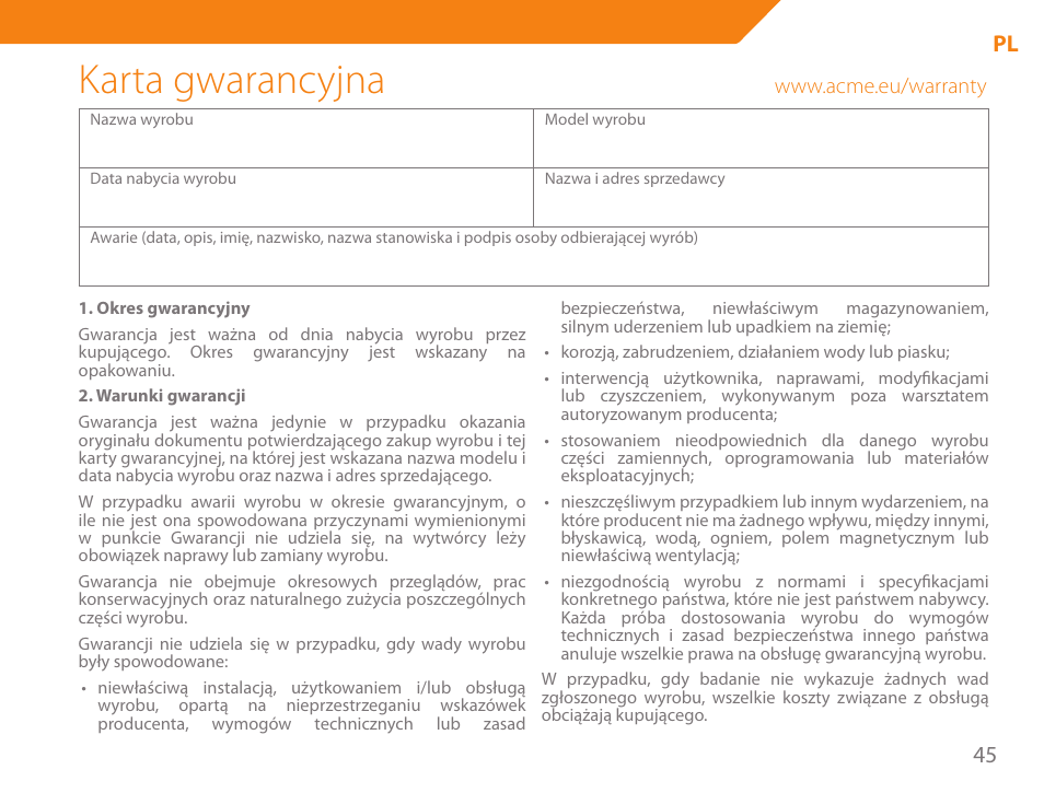 Karta gwarancyjna, 45 pl | Acme GH200 User Manual | Page 45 / 48