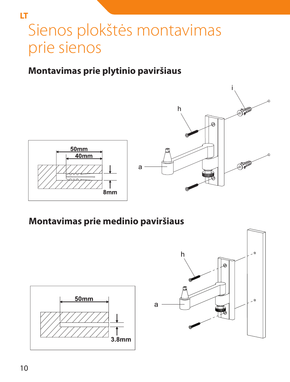 Sienos plokštės montavimas prie sienos | Acme LCD105 User Manual | Page 10 / 66