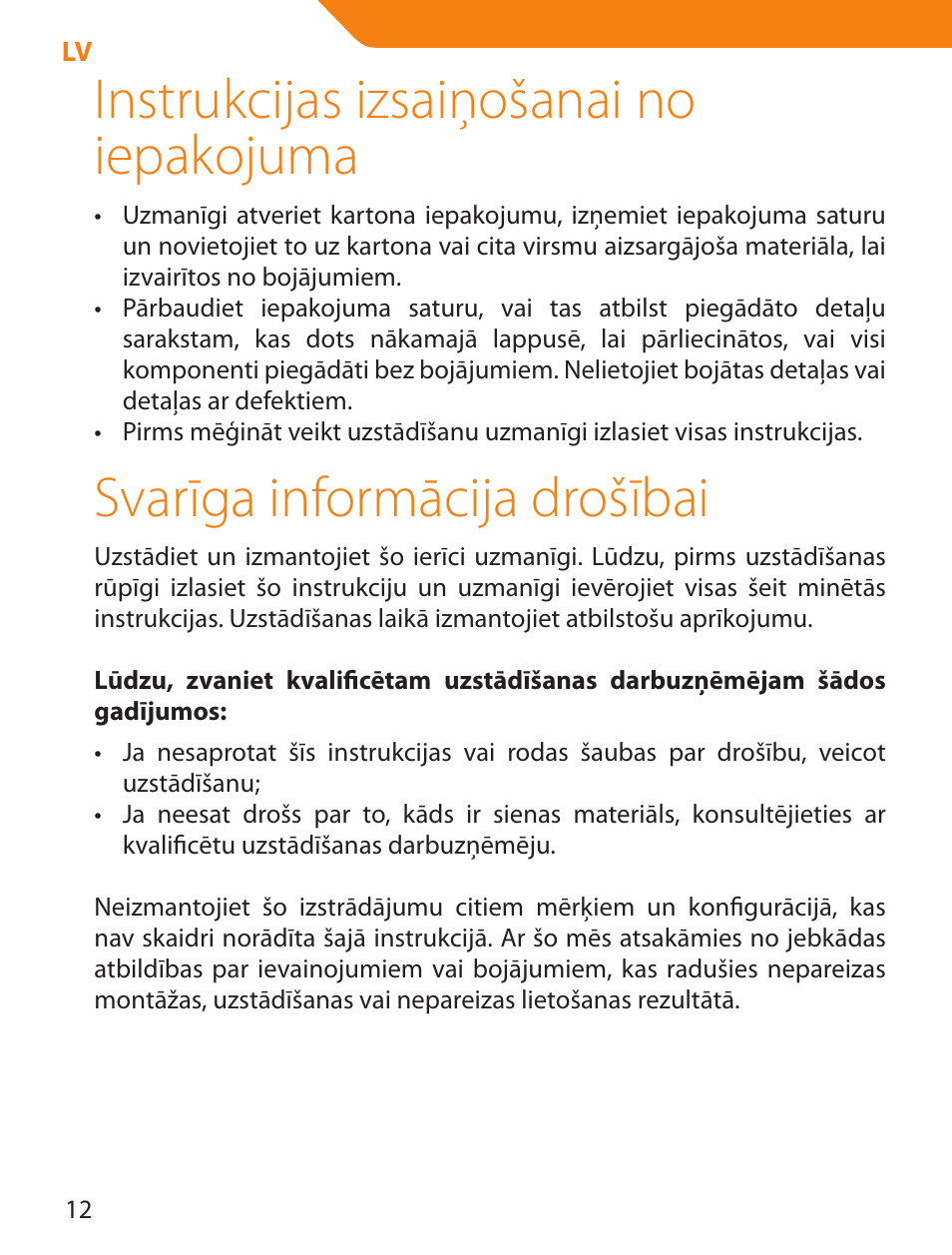 Instrukcijas izsaiņošanai no iepakojuma, Svarīga informācija drošībai | Acme LCD105 User Manual | Page 12 / 66