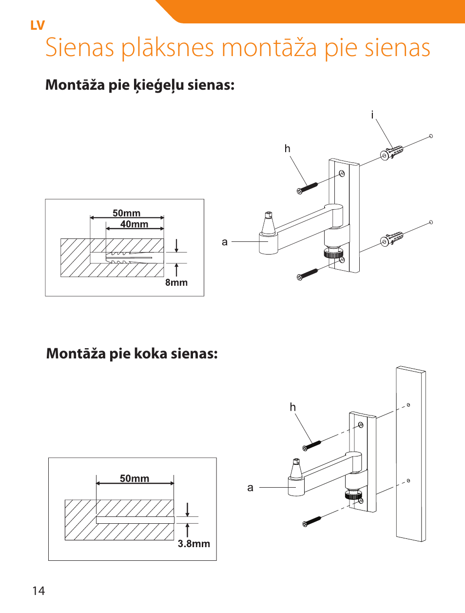 Sienas plāksnes montāža pie sienas | Acme LCD105 User Manual | Page 14 / 66