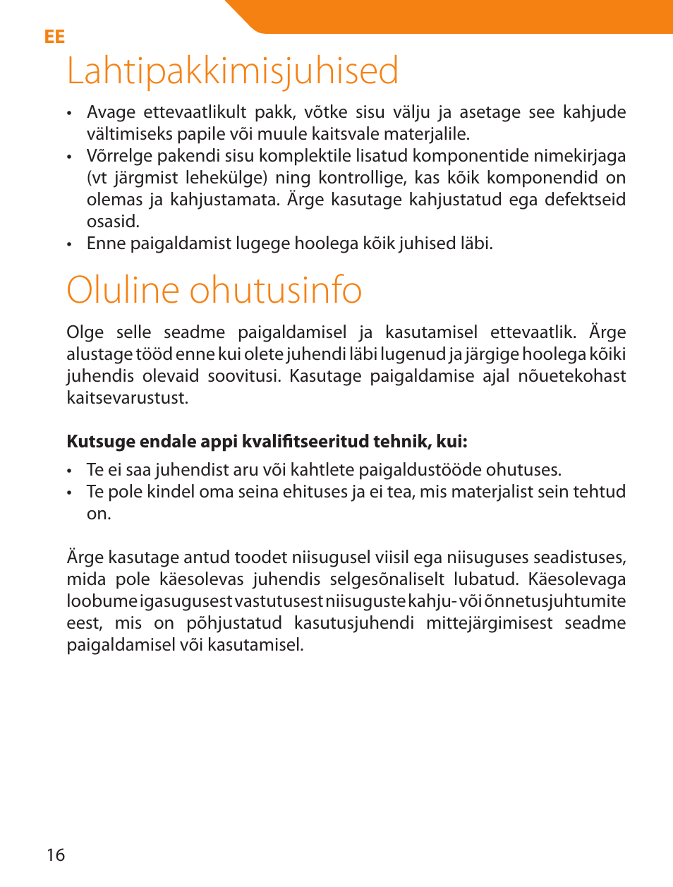Lahtipakkimisjuhised, Oluline ohutusinfo | Acme LCD105 User Manual | Page 16 / 66