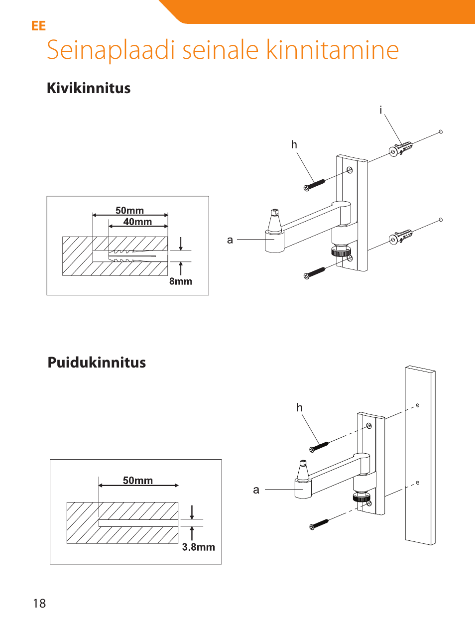 Seinaplaadi seinale kinnitamine | Acme LCD105 User Manual | Page 18 / 66