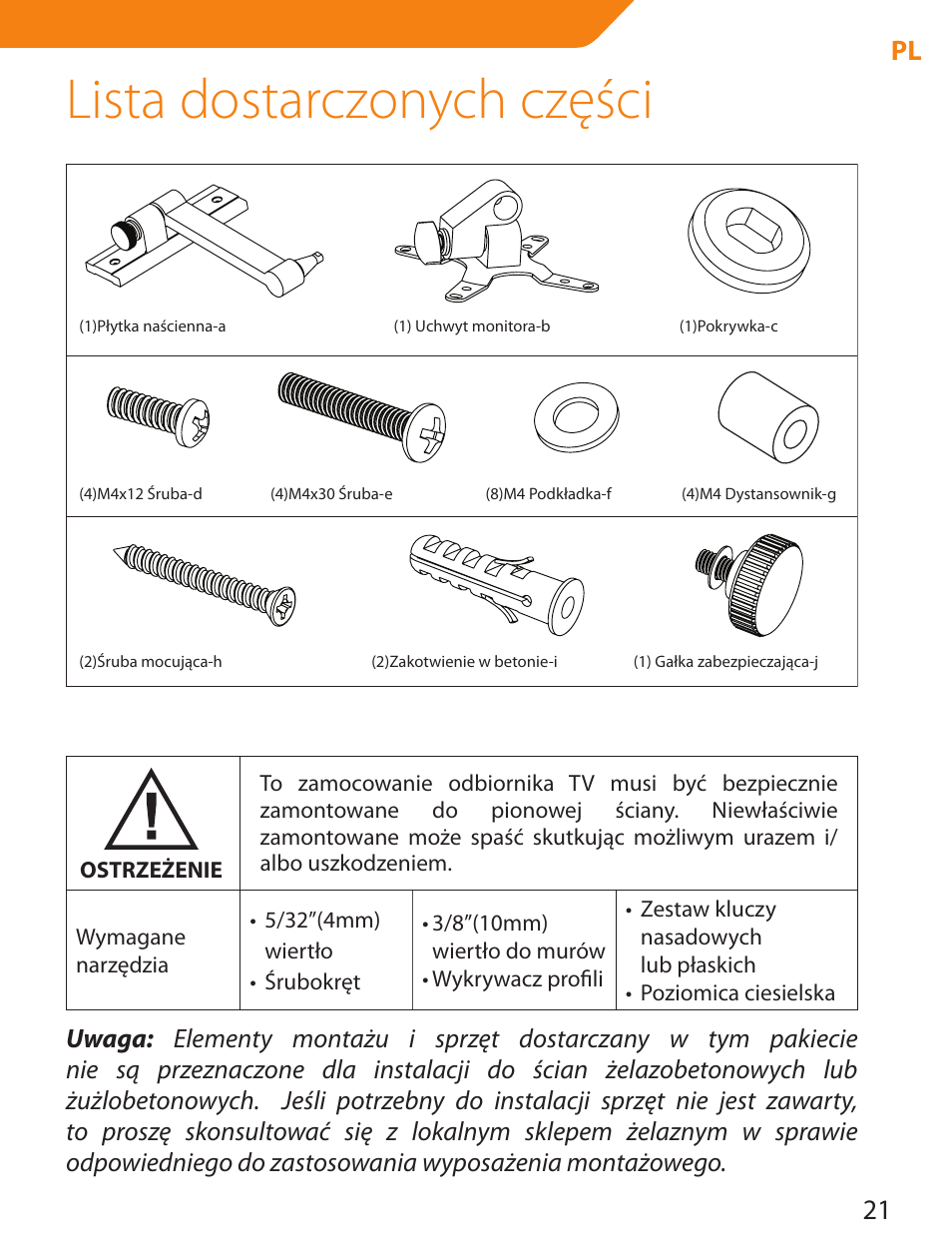 Lista dostarczonych części, 21 pl | Acme LCD105 User Manual | Page 21 / 66