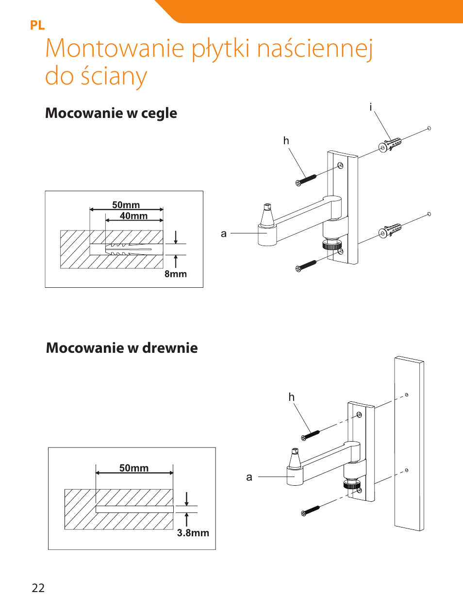 Montowanie płytki naściennej do ściany | Acme LCD105 User Manual | Page 22 / 66
