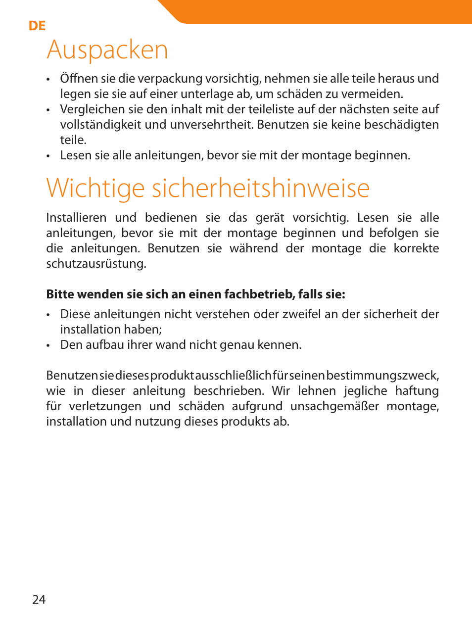 Auspacken, Wichtige sicherheitshinweise | Acme LCD105 User Manual | Page 24 / 66