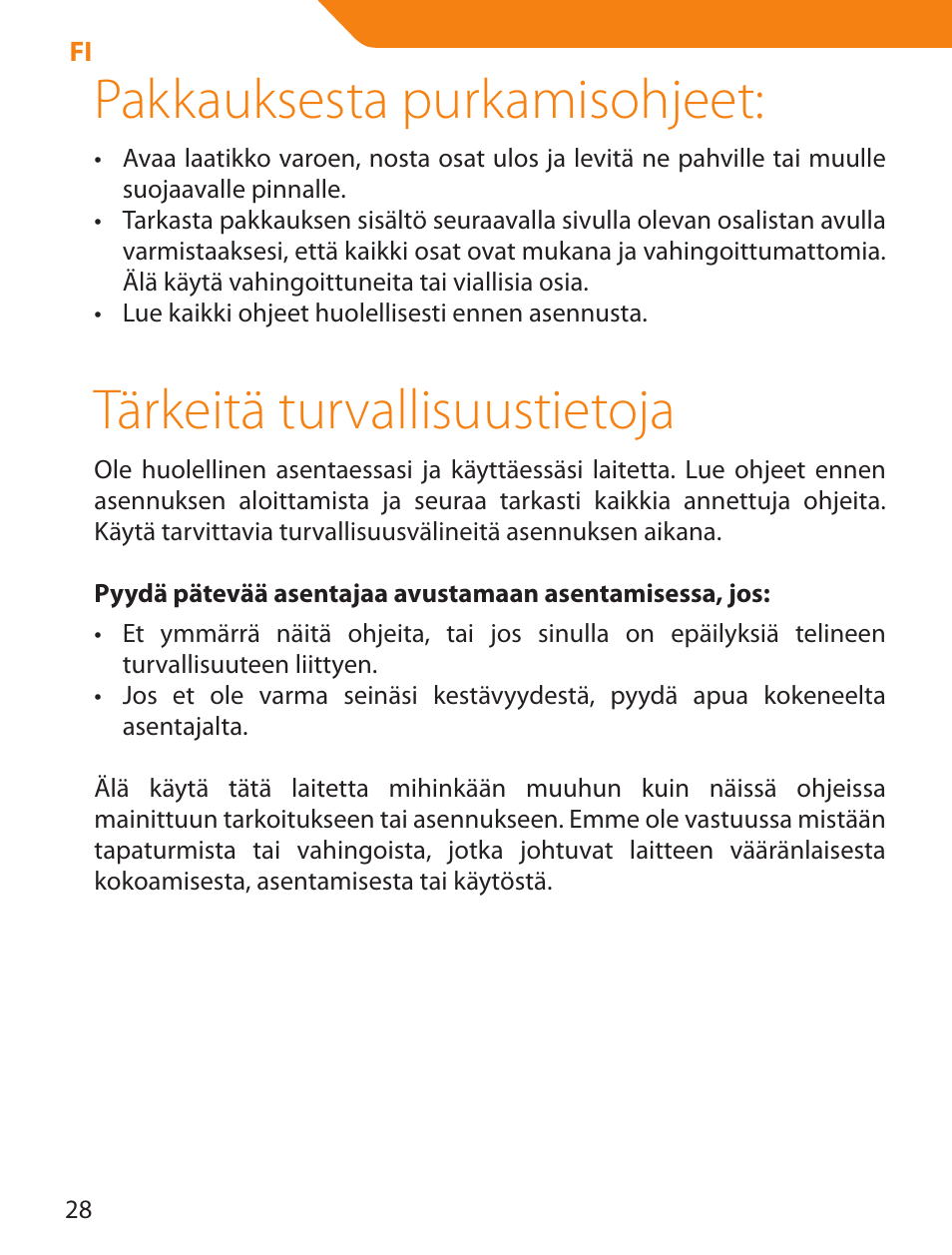 Pakkauksesta purkamisohjeet, Tärkeitä turvallisuustietoja | Acme LCD105 User Manual | Page 28 / 66
