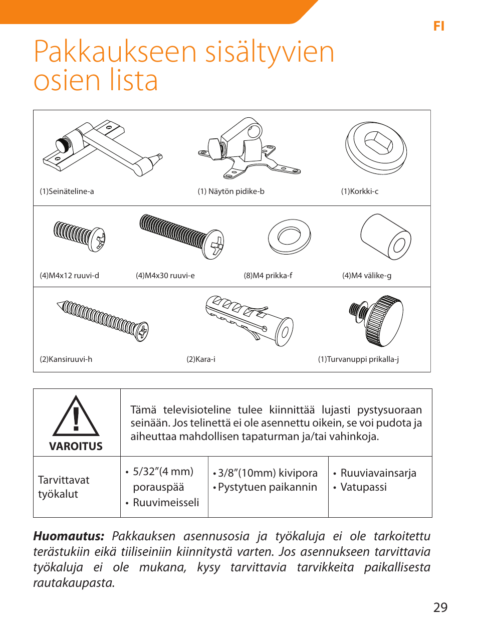 Pakkaukseen sisältyvien osien lista | Acme LCD105 User Manual | Page 29 / 66