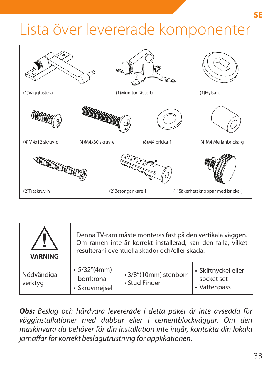 Lista över levererade komponenter, 33 se | Acme LCD105 User Manual | Page 33 / 66