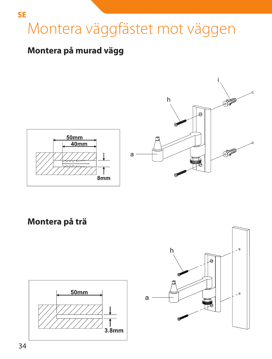 Montera väggfästet mot väggen | Acme LCD105 User Manual | Page 34 / 66