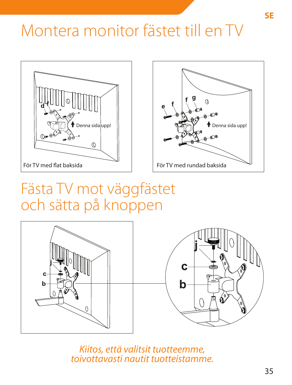 Montera monitor fästet till en tv, Fästa tv mot väggfästet och sätta på knoppen | Acme LCD105 User Manual | Page 35 / 66