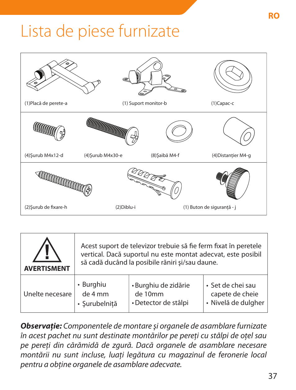 Lista de piese furnizate, 37 ro | Acme LCD105 User Manual | Page 37 / 66